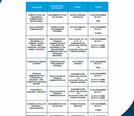 Agenda semanal Institucional Puente Aranda 2017 del 14 de Noviembre al 20 de Noviembre del 2017