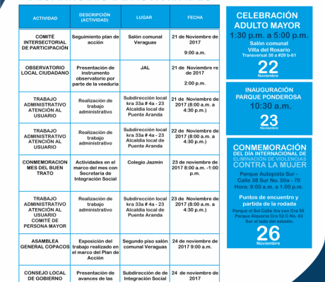Agenda semanal Institucional Puente Aranda 2017 del 20 de Noviembre al 26 de Noviembre del 2017